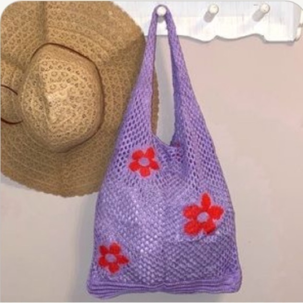 Mesh Knit Tote Violet Purple & Red Floral